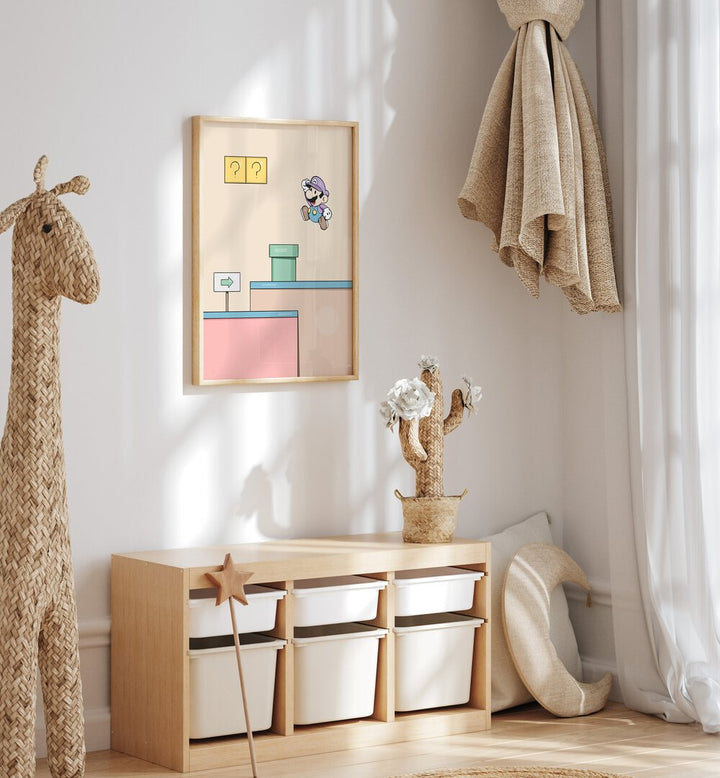 Mario By Samridhi Sharma Gaming Posters in Oak Wood Plain Frame placed on a White Colored Wall in the Kids Room