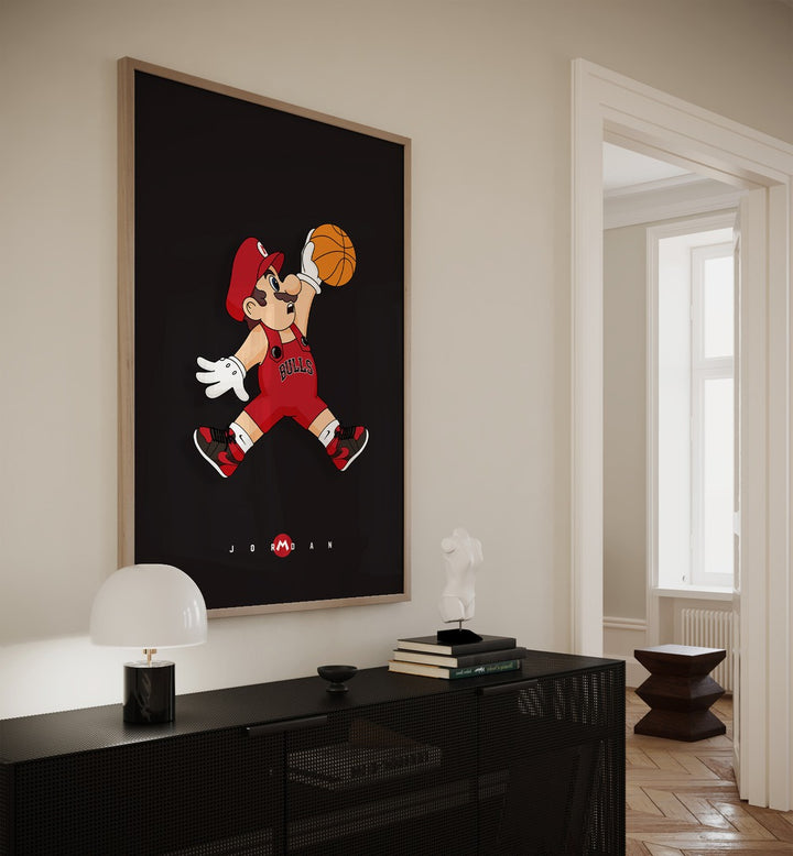 Mario X Basketball Comic Wall Art Comic Posters in Oak Wood Plain Frame placed on a Cream Colored Wall above a Console Table in the Alley Way