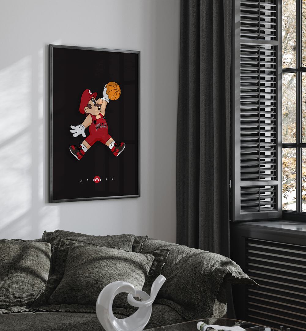 Mario X Basketball Comic Wall Art Comic Posters in Black Plain Frame placed on a White Colored Wall near a Grey Sofa in the Living Room