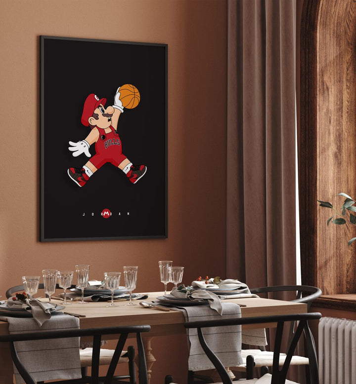 Mario X Basketball Comic Wall Art Comic Posters in Black Plain Frame placed on a Brown Colored Wall near a Dining Table in the Dining Room