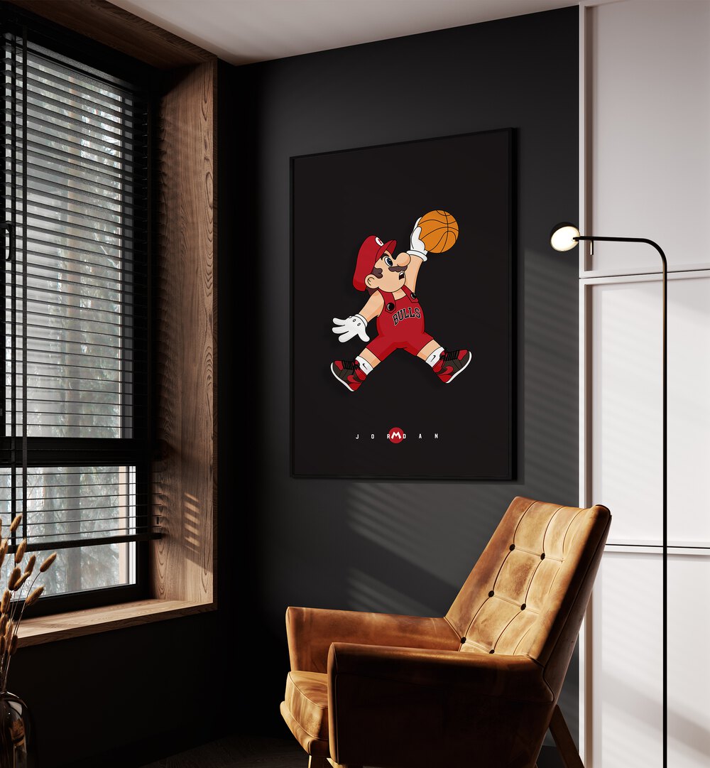 Mario X Basketball Comic Wall Art Comic Posters in Black Plain Frame placed on a Dark Grey Colored Wall near a Brown Sofa Chair in the Drawing Room