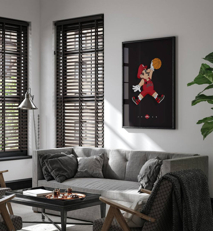 Mario X Basketball Comic Wall Art Comic Posters in Black Plain Frame placed on a White Colored Wall near a Grey Sofa in the Living Room