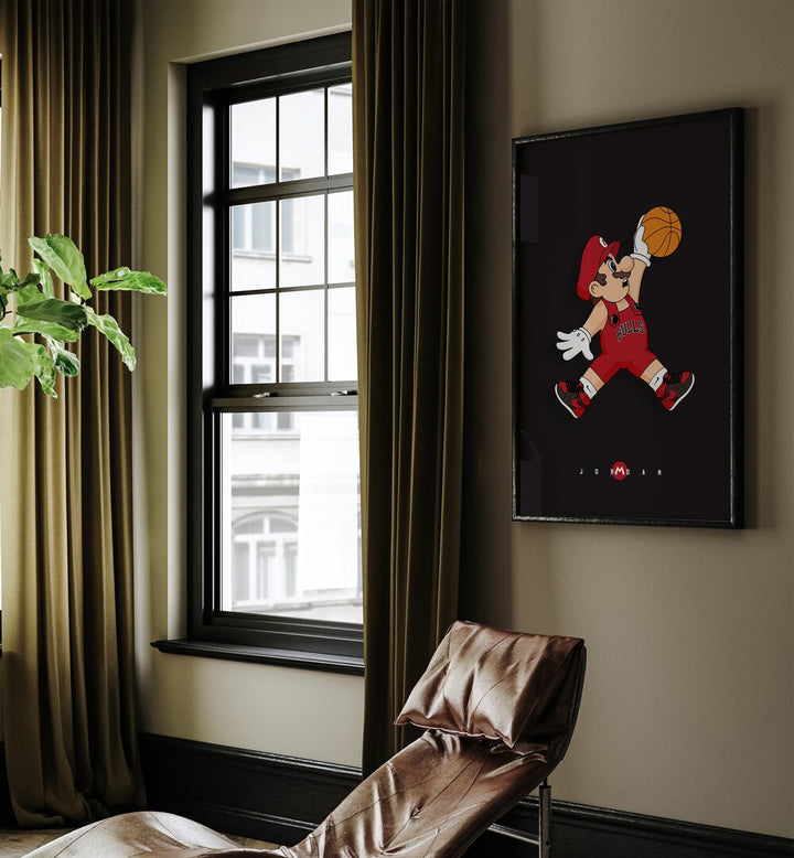 Mario X Basketball Comic Wall Art Comic Posters in Black Plain Frame placed on a Dessert Brown Colored Wall in the Drawing Room 