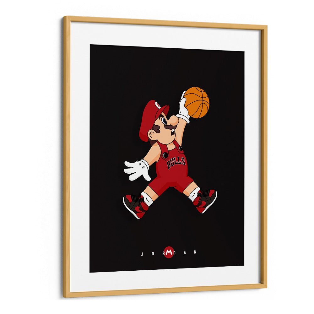 Mario X Basketball Comic Wall Art Comic Posters in Oak Wood Frame With Mount