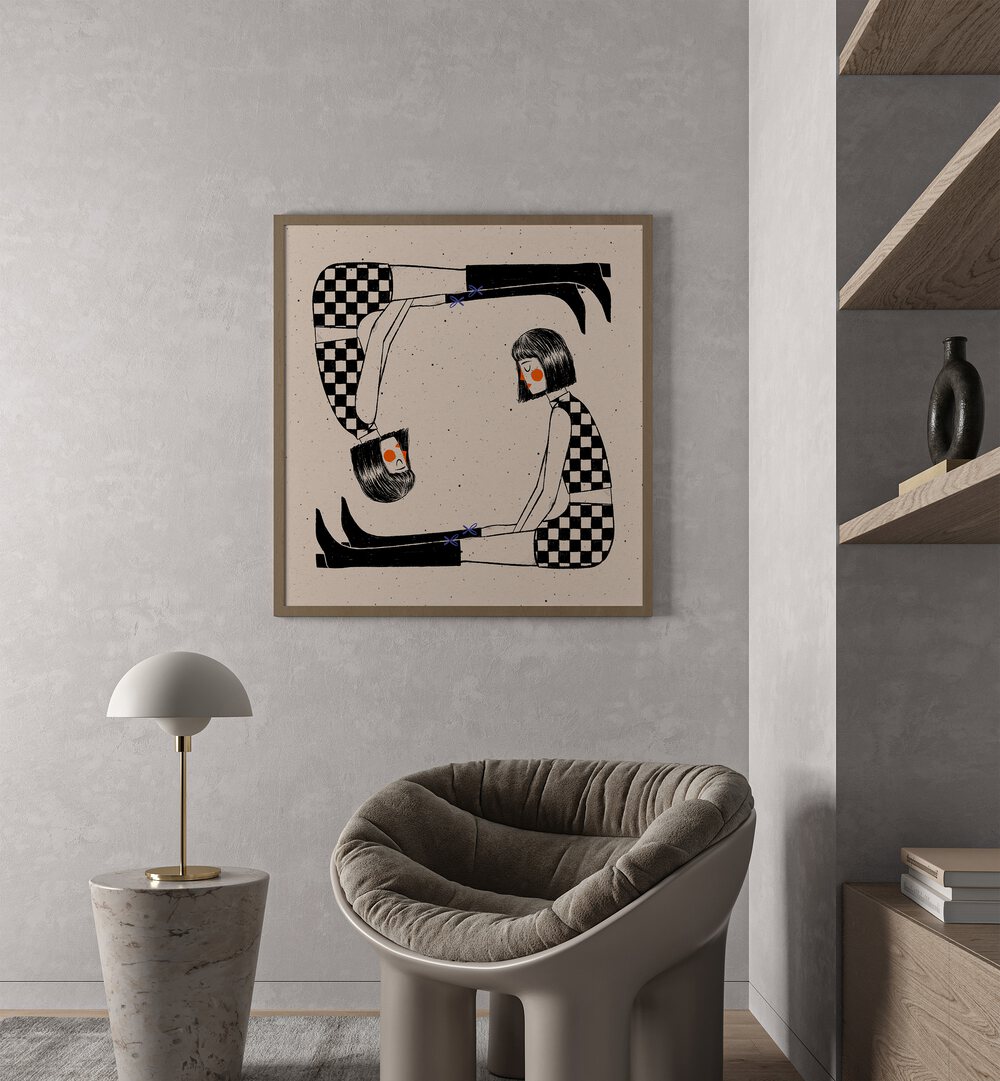 Mary Poppins By Julia Leister Women Illustration Paintings in Oak Wood Plain Frame on a grey wall behind a sofa