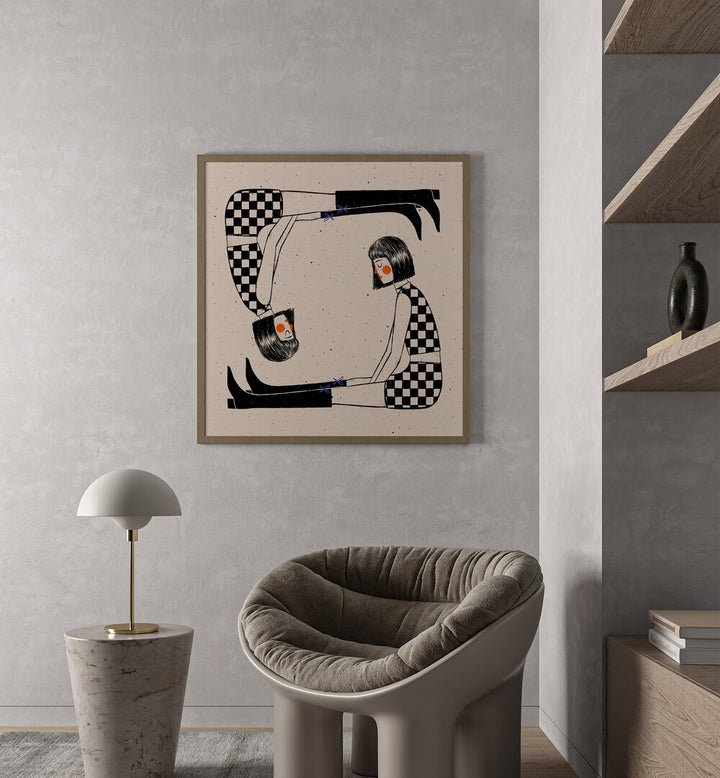 Mary Poppins By Julia Leister Women Illustration Paintings in Oak Wood Plain Frame on a grey wall behind a sofa