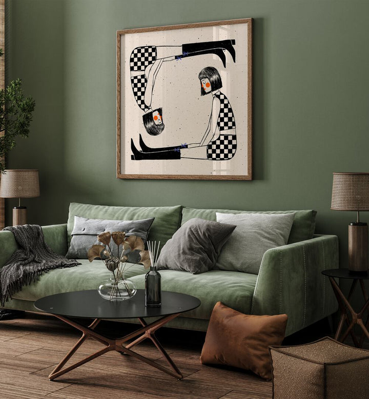 Mary Poppins By Julia Leister Women Illustration Paintings in Oak Wood Plain Frame on a green wall placed behind a sofa for living room