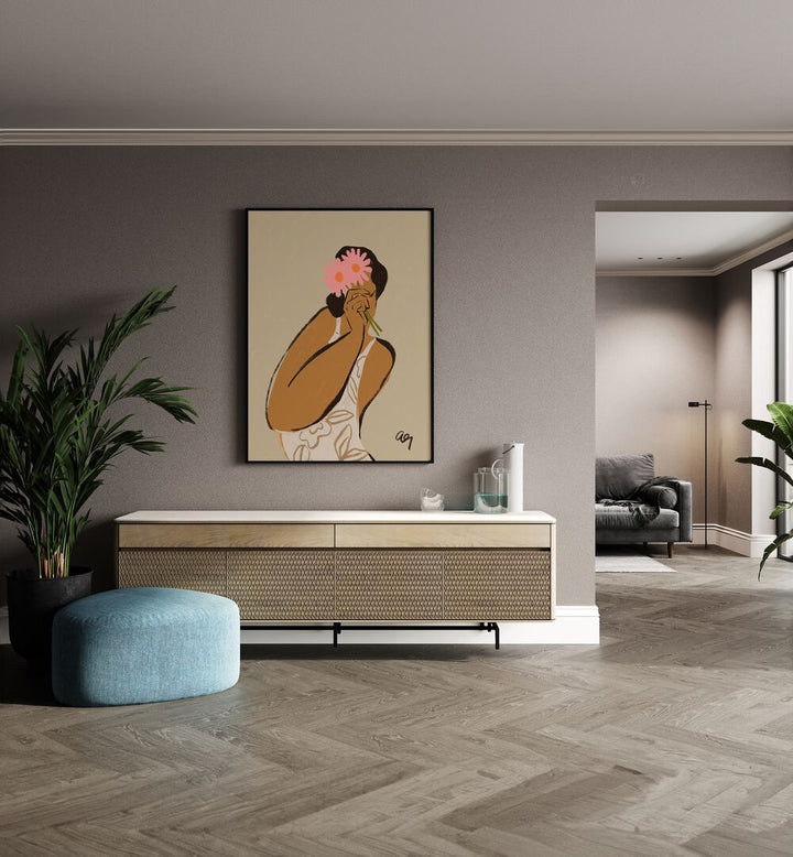 Mask By Arty Guava Wall Art Prints in Black Plain Frame placed on a Beige Colored Wall above a Console Table in the Drawing Room