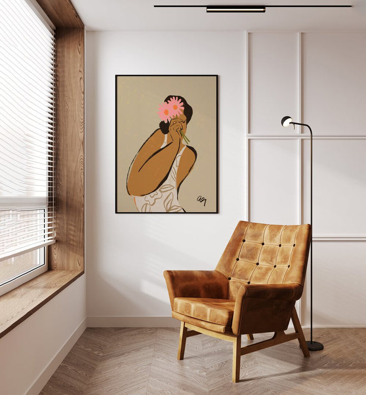 Mask By Arty Guava Wall Art Prints in Black Plain Frame placed on a Cream Colored Wall in the Drawing Room