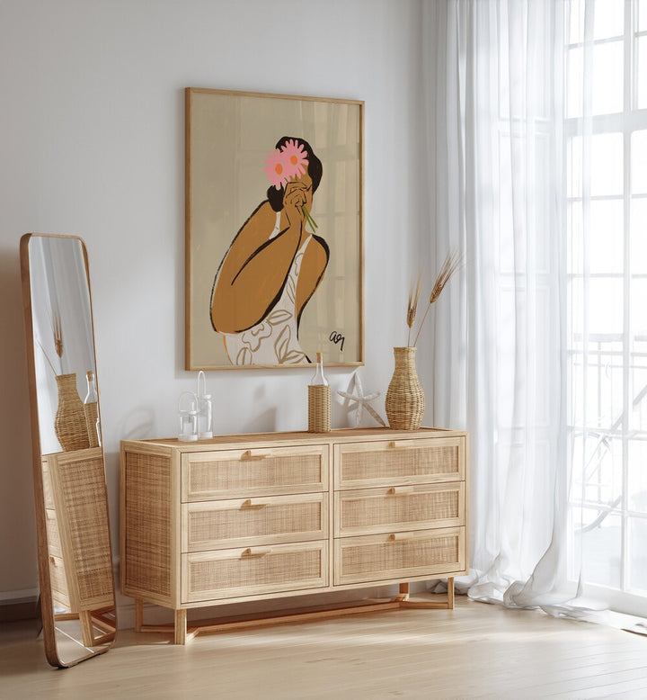 Mask By Arty Guava Wall Art Prints in Oak Wood Plain Frame placed on a White Colored Wall above a Console Table in the Drawing Room 