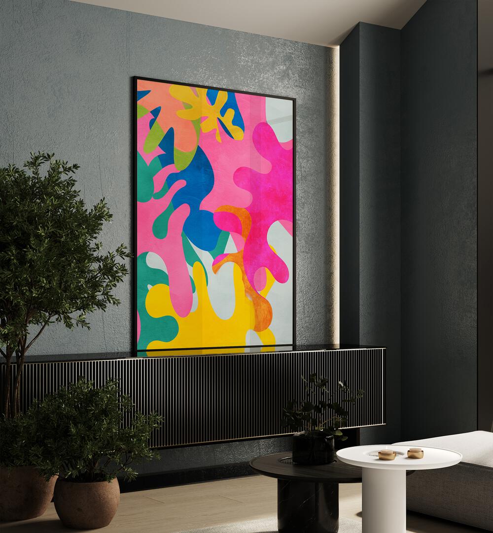 Matisse Inspired Cut Out By Ana Rut Bre Landscape Art Prints in Black Plain Frame placed on a Console Table near a Dark Grey Colored Wall in the Living Room