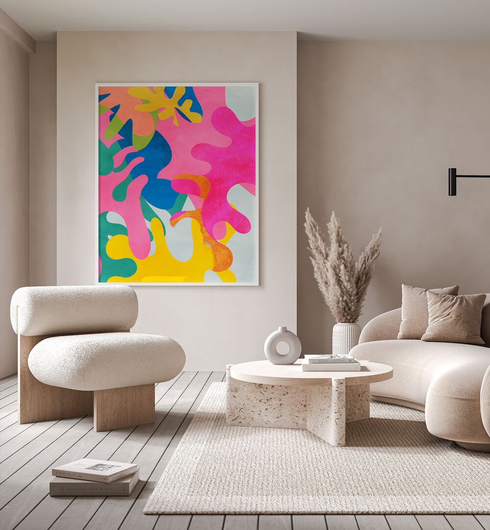 Matisse Inspired Cut Out By Ana Rut Bre Landscape Art Prints in White Plain Frame placed on a Beige Colored Wall in the Living Room