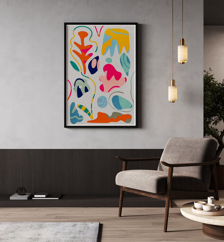 Matisse Inspired Shapes By Ana Rut Bre Landscape Art Prints in Black Plain Frame placed on a Grey Colored Wall in the Drawing Room