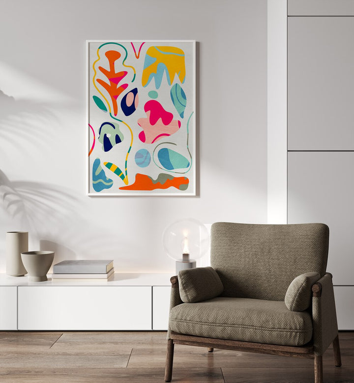 Matisse Inspired Shapes By Ana Rut Bre Landscape Art Prints in White Plain Frame placed on a White Colored Wall in the Drawing Room