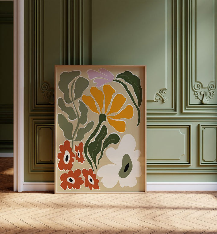 Matisse Safari By Miho Art Studio Botanical Art Prints Floral Paintings in Oak Wood Plain Frame placed on the floor near a Green Colored Wall in the Alley Way