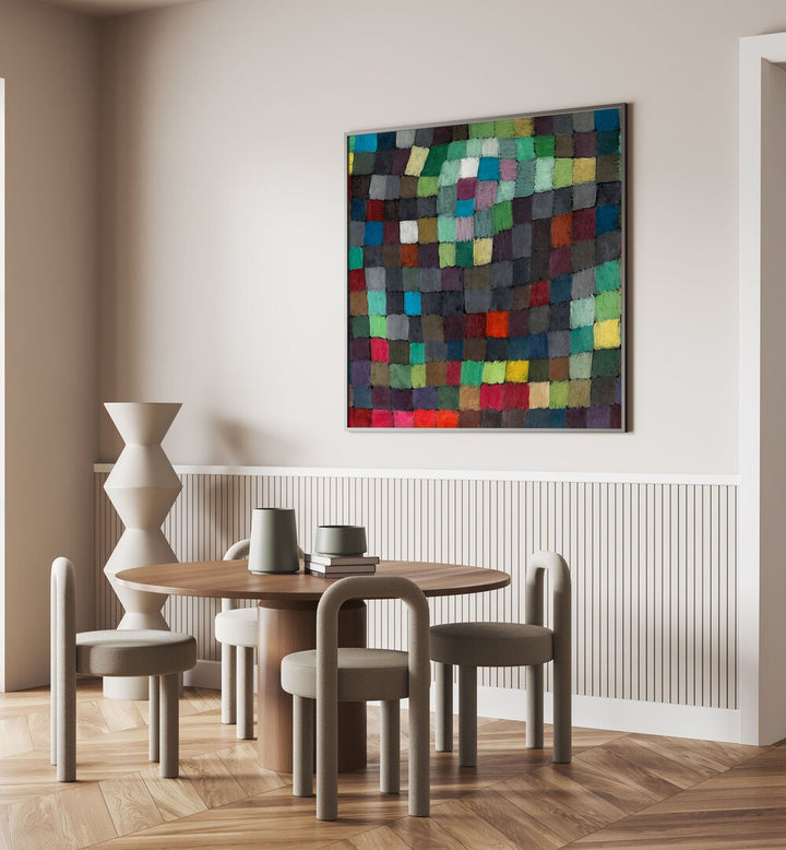 May Picture 1925 Vintage Paintings in Black Plain Frame placed on a wall behind a dining table and beside a window for dining area