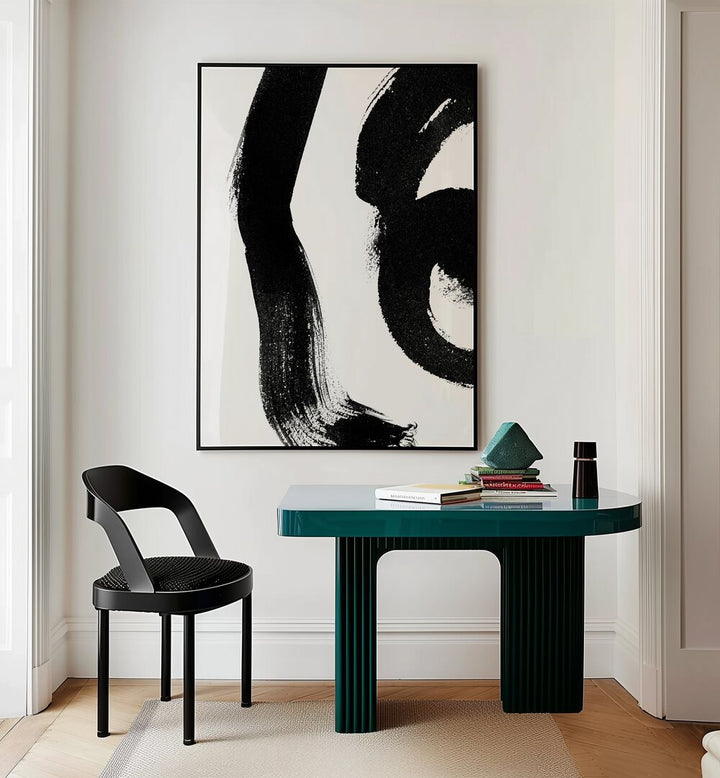 Maybe Abstract Paintings Abstract Art Prints in Black Plain Frame placed on a Cream Colored Wall near a Table in a Workspace in the Drawing Room