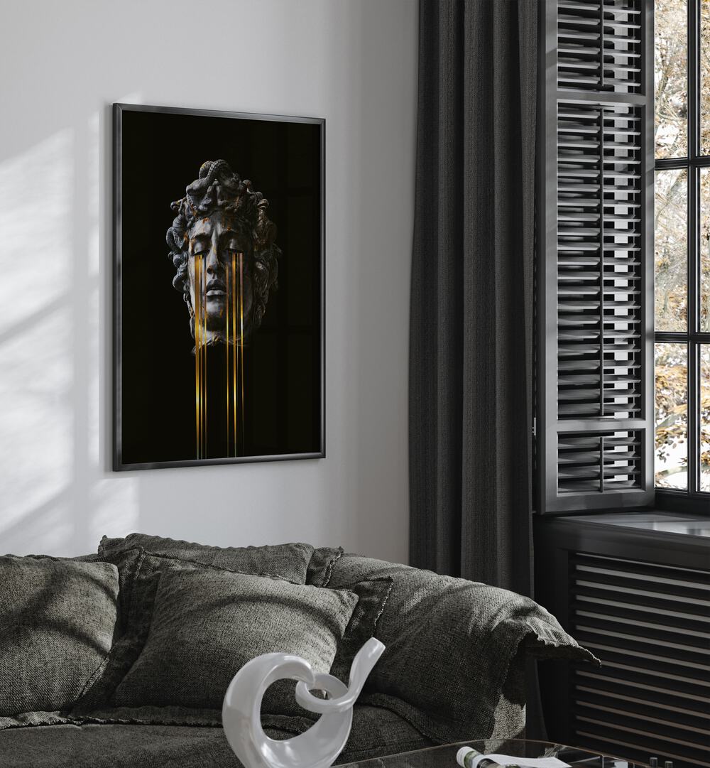 Mds By Frank Moth Surreal Art Prints Surrealism in Black Plain Frame placed on a white wall behind a sofa and a window