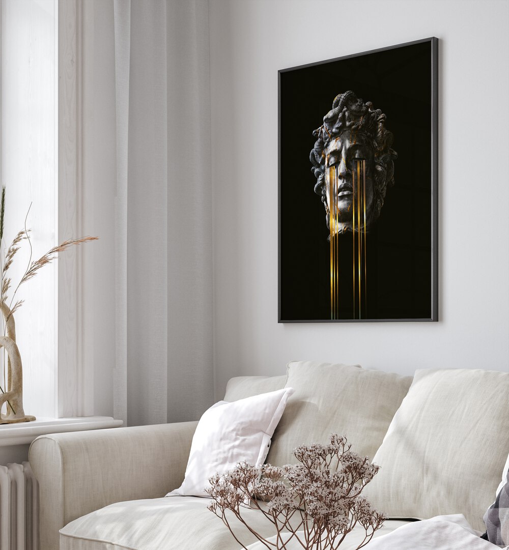 Mds By Frank Moth Surreal Art Prints Surrealism in Black Plain Frame placed on a wall behind a white sofa