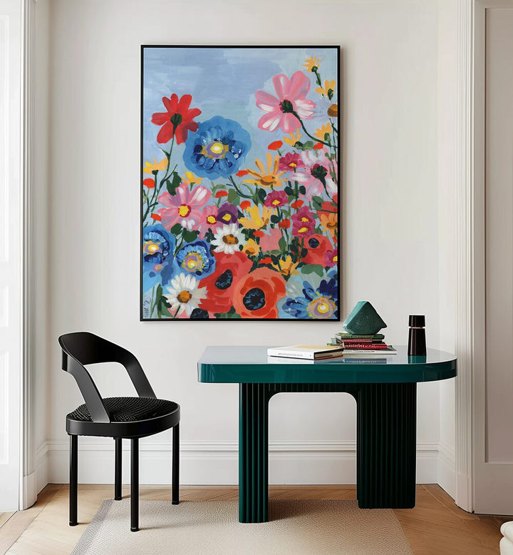 Meadow In June By Ania Zwara Botanical Art Prints Floral Paintings in Black Plain Frame placed on a Cream Colored Wall near a Table in a Workspace in the Drawing Room