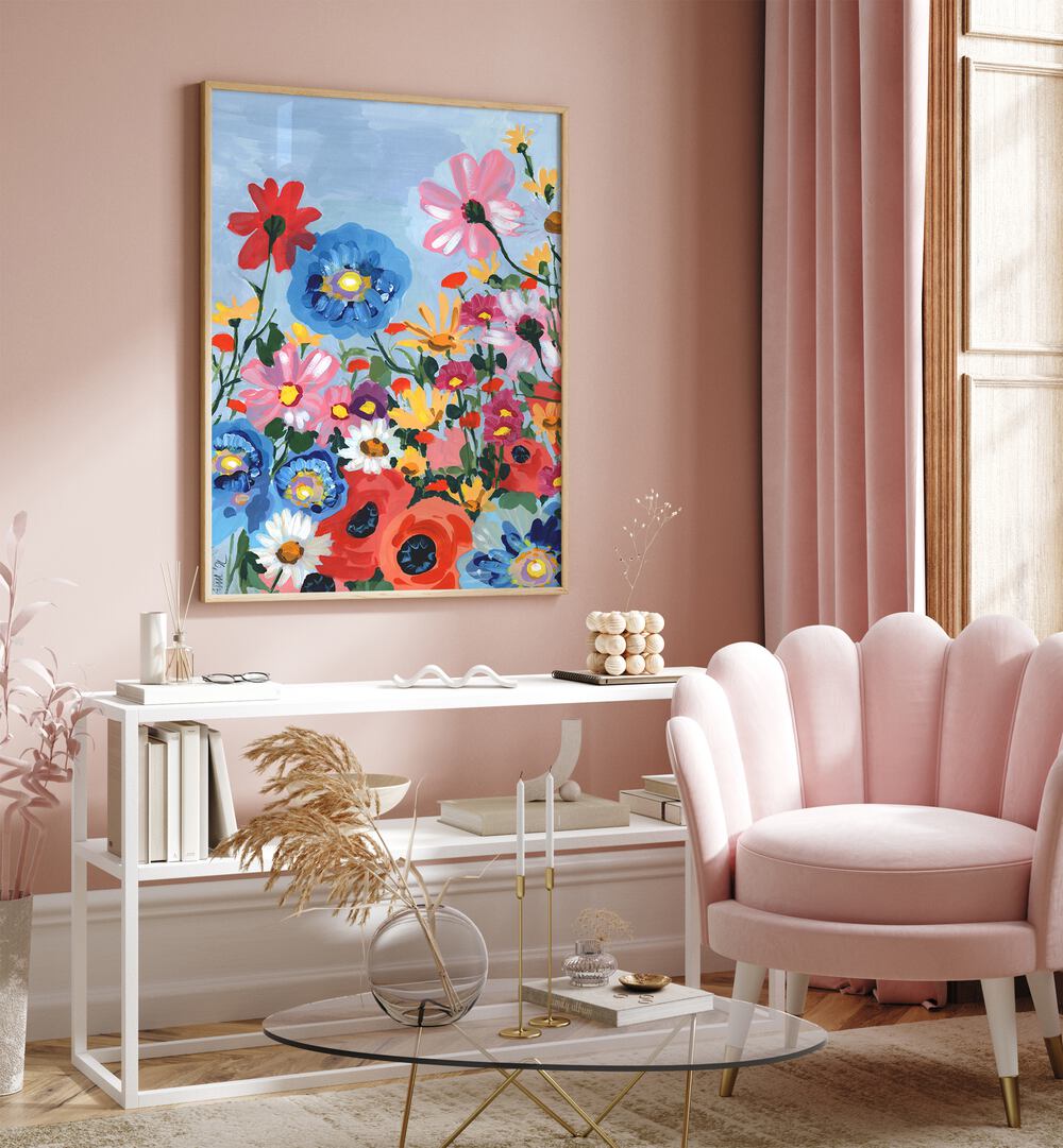 Meadow In June By Ania Zwara Botanical Art Prints Floral Paintings in Oak Wood Plain Frame placed on a Pink Colored Wall above a Console Table in the Drawing Room