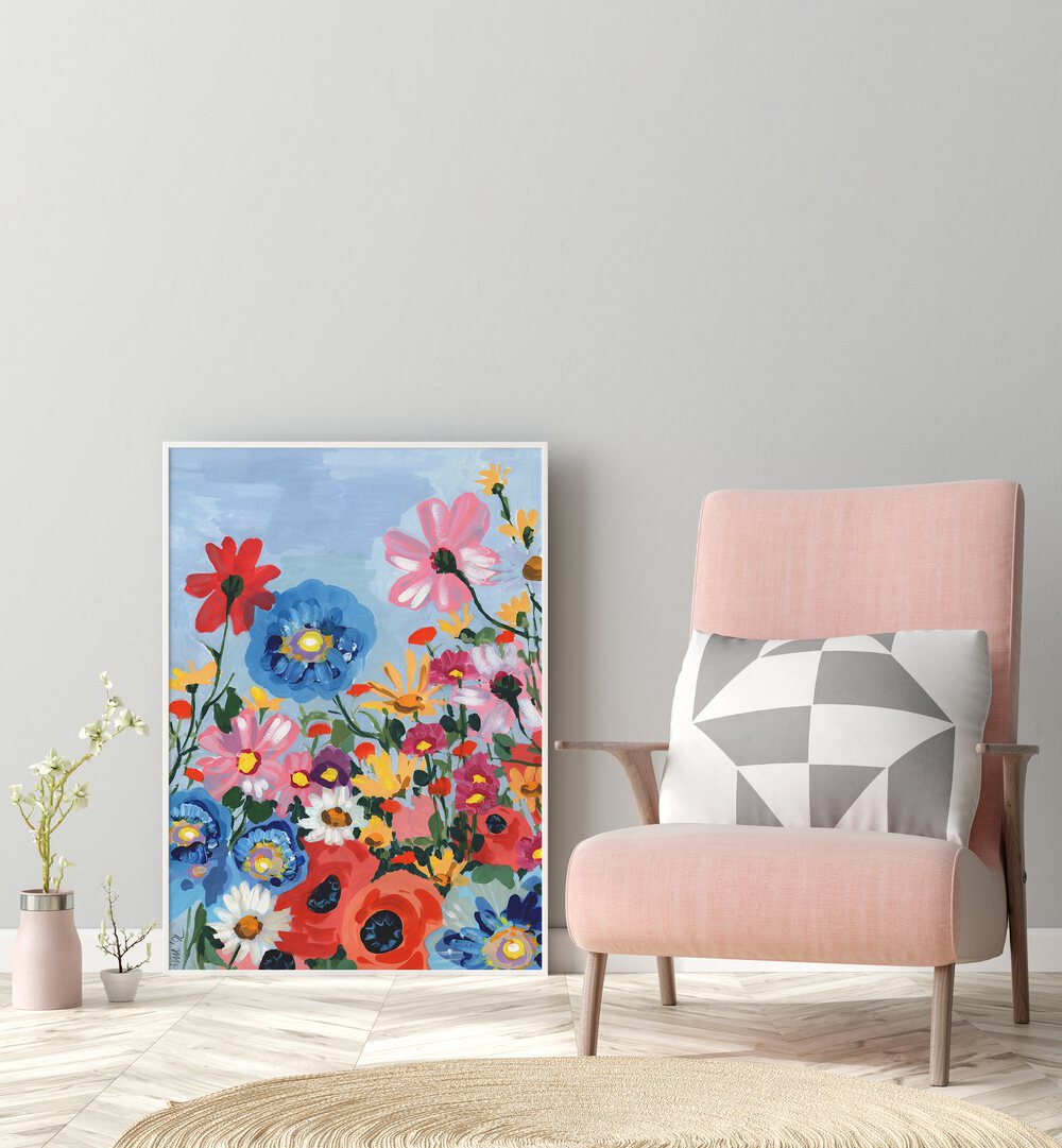 Meadow In June By Ania Zwara Botanical Art Prints Floral Paintings in White Plain Frame placed on the floor near a Grey Colored Wall in the Drawing Room