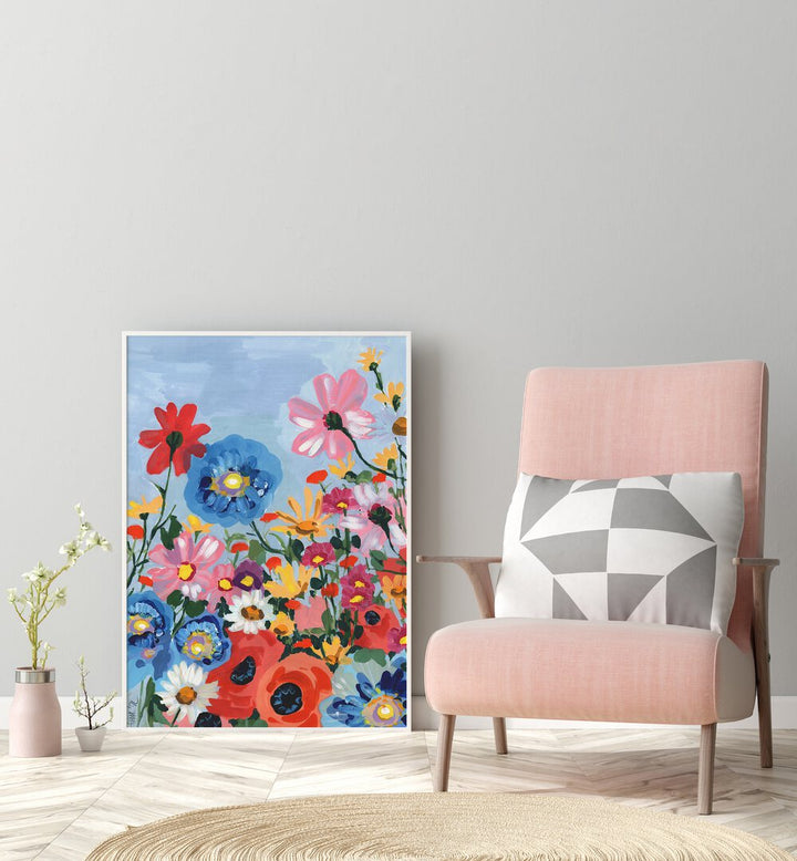 Meadow In June By Ania Zwara Botanical Art Prints Floral Paintings in White Plain Frame placed on the floor near a Grey Colored Wall in the Drawing Room