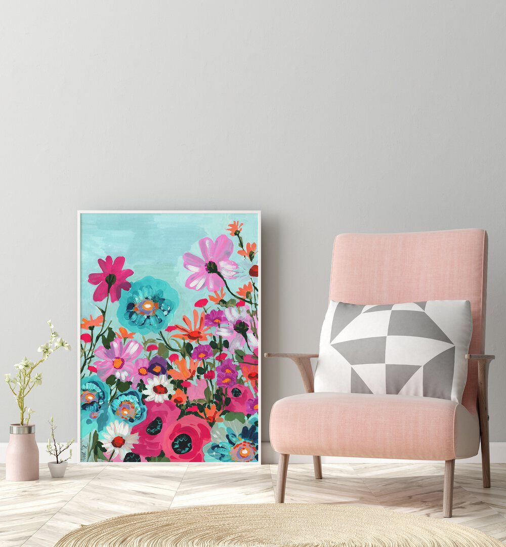 Meadow In June Pink By Ania Zwara Botanical Art Prints Floral Paintings in White Plain Frame placed on the floor near a Grey Colored Wall in the Drawing Room