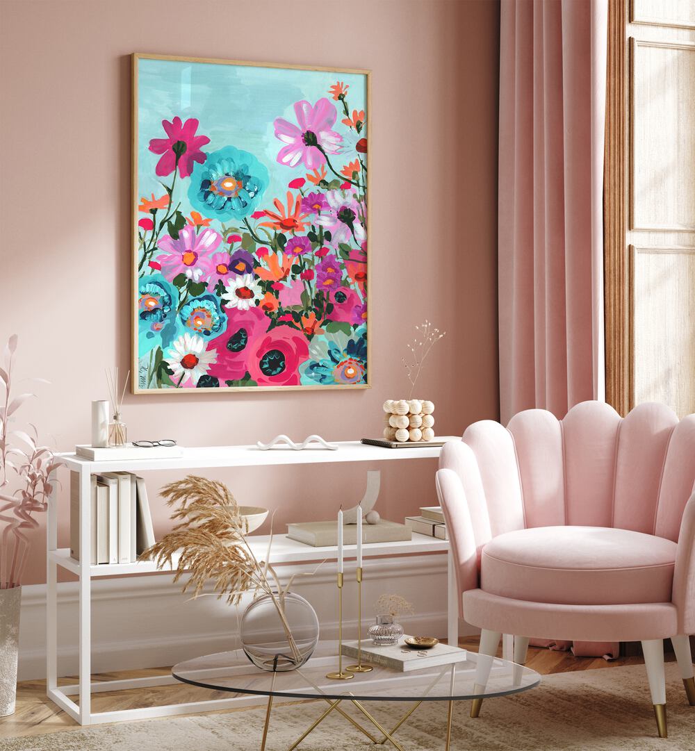 Meadow In June Pink By Ania Zwara Botanical Art Prints Floral Paintings in Oak Wood Plain Frame placed on a Pink Colored Wall above a Console Table in the Drawing Room