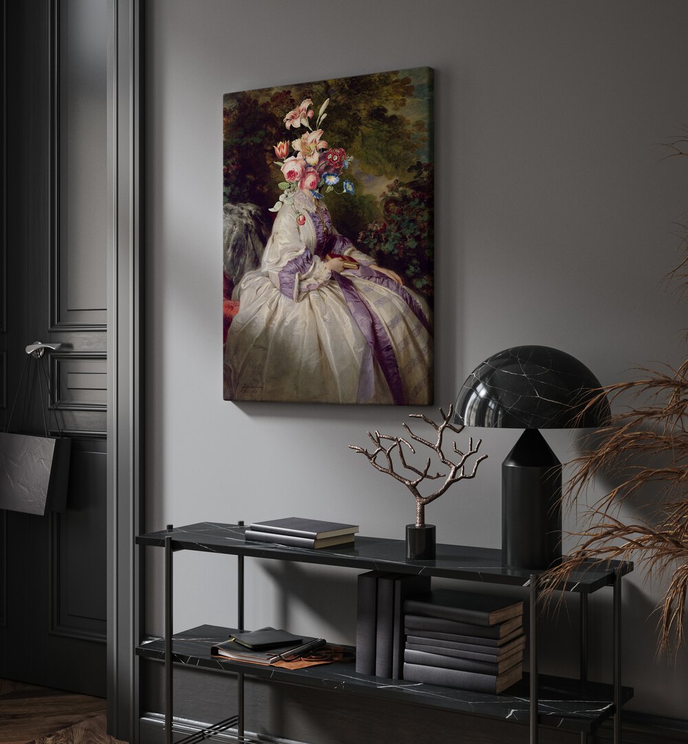 Meet Me in the Garden by the Art Concept Altered Art Prints in Gallery Wrap placed on a wall behind a table and beside a door