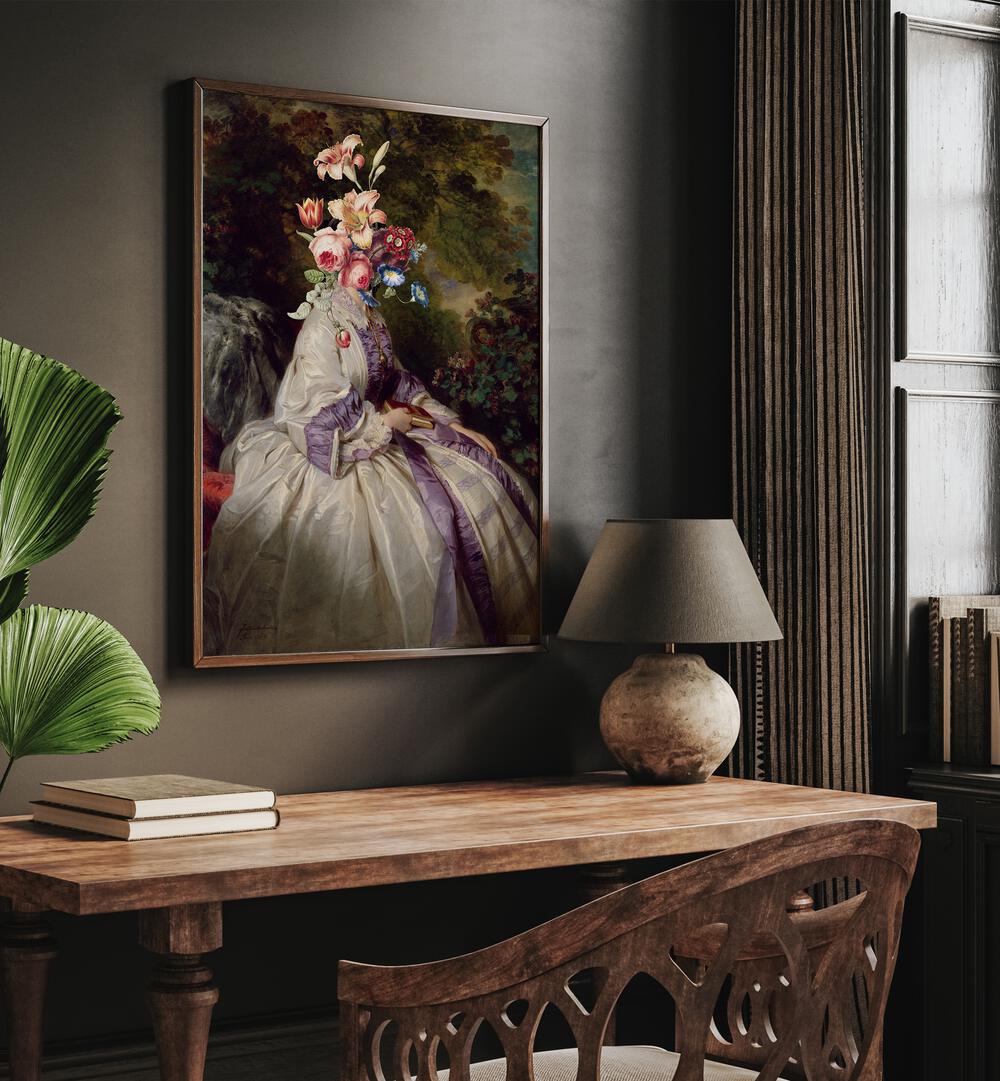 Meet Me in the Garden by the Art Concept Altered Art Prints in Dark Wood Plain Frame placed on a wall behind a study table