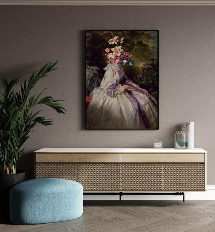 Meet Me in the Garden by the Art Concept Altered Art Prints in Black Plain Frame placed on a wall behind a console table