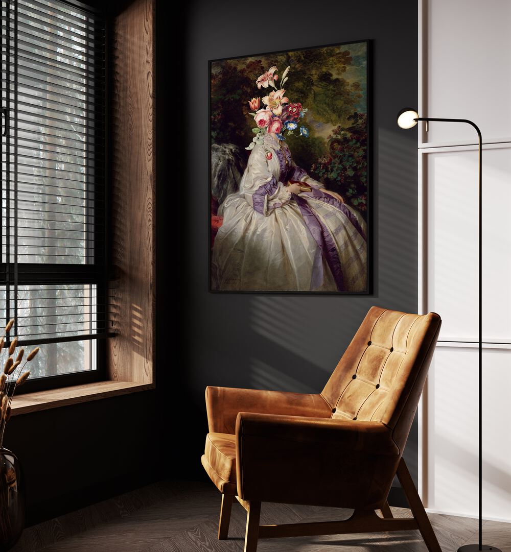 Meet Me in the Garden by the Art Concept Altered Art Prints in Black Plain Frame placed on a wall beside an orange sofa