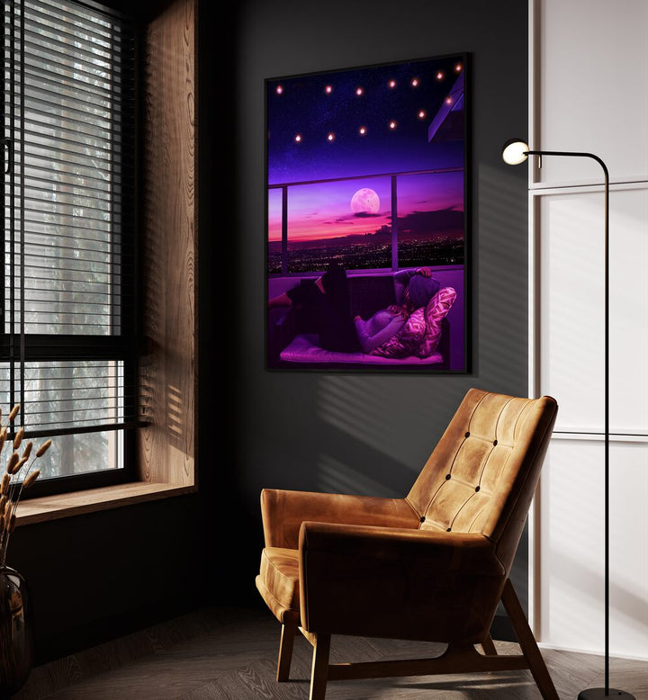 Mellow Out By Ritvik Takkar Surreal Art Prints in Black Plain Frame placed on a Dark Grey Colored Wall in the Drawing Room