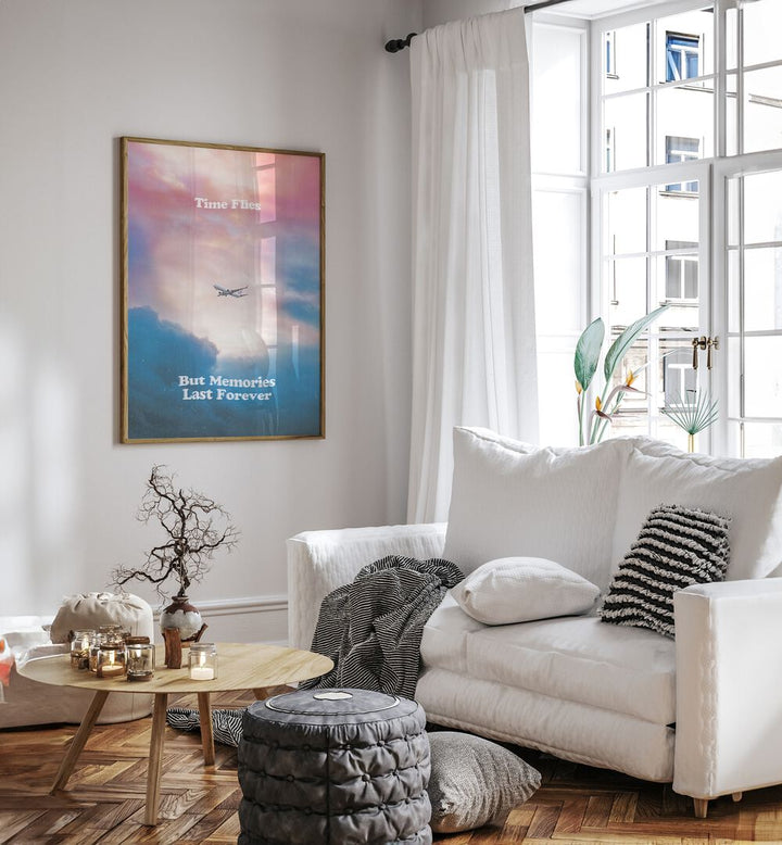 Stylish living room featuring "MEMORIES LAST FOREVER, QUOTES" typography poster, adding inspiration to your décor.