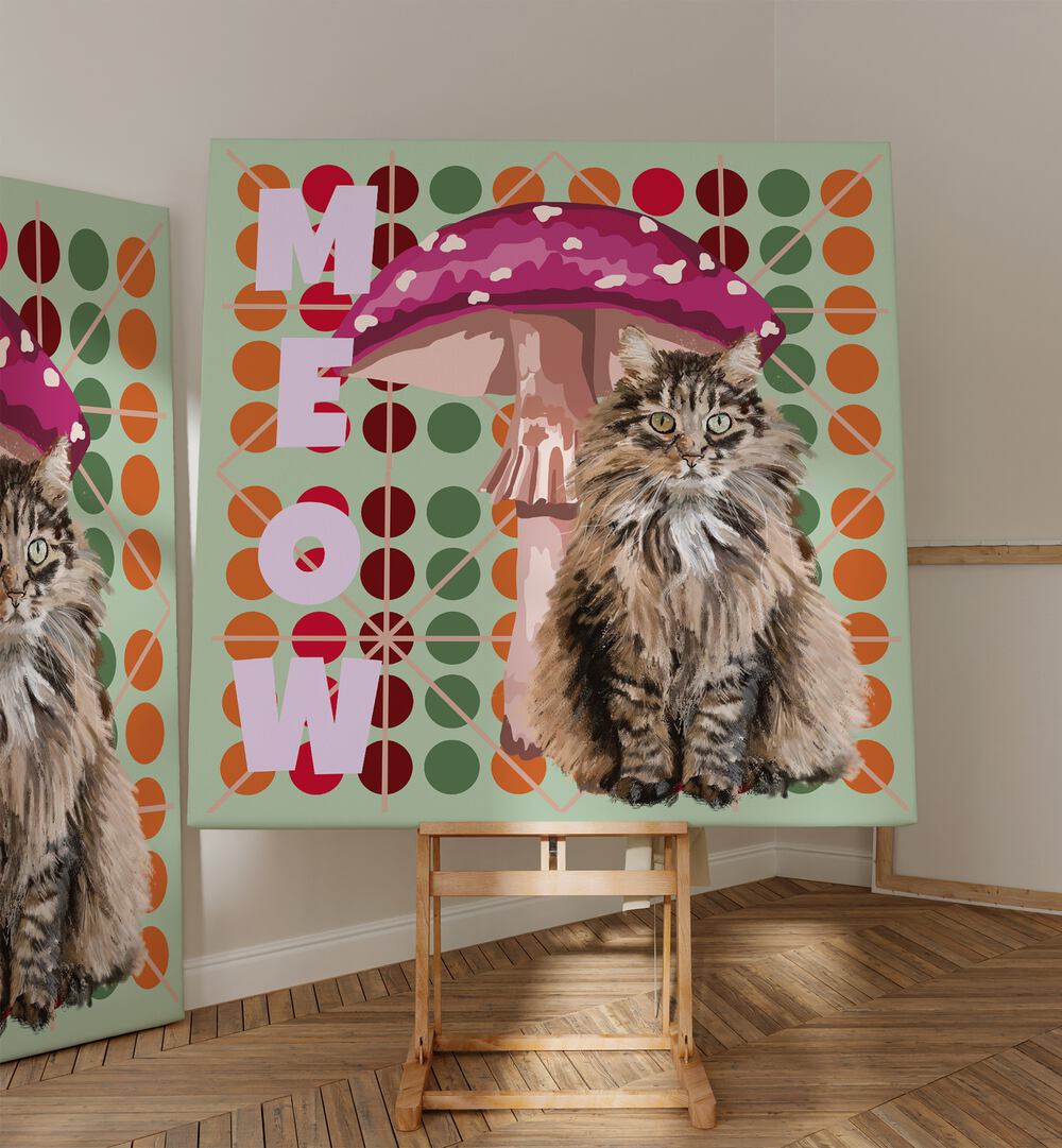 Meow By Lynnda Rakos Pop Art Paintings Pop Art Prints in Gallery Wrap  placed on a easel stand beside an artwork