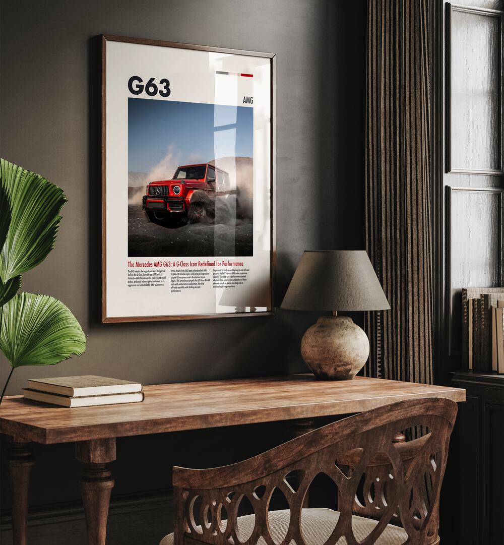 Mercedes G63 AMG Car Posters Automotive Wall Art Prints in Dark Wood Plain Frame placed on a Dark Brown Colored Wall Above a Study Table in a Workspace in the Drawing Room