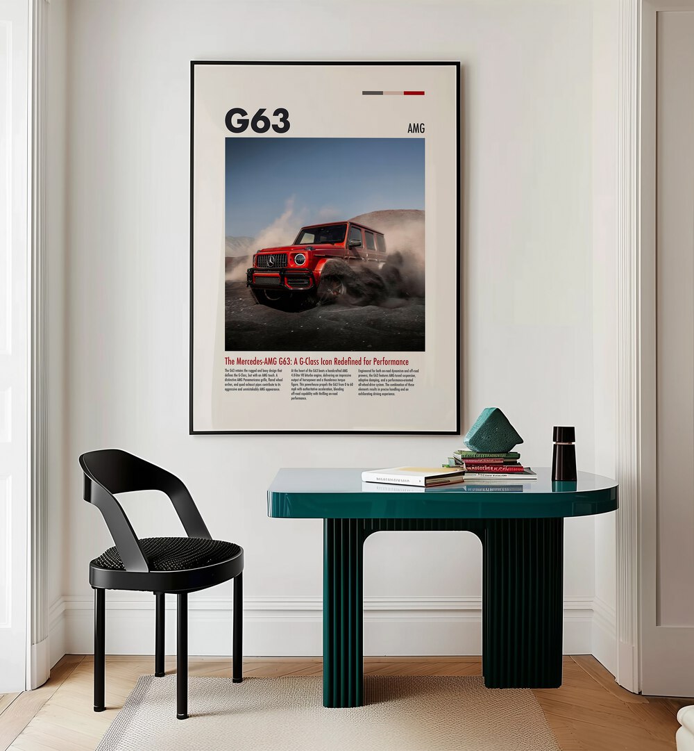 Mercedes G63 AMG Car Posters Automotive Wall Art Prints in Black Plain Frame placed on a Cream Colored Wall near a Study Table in a Workspace in the Drawing Room