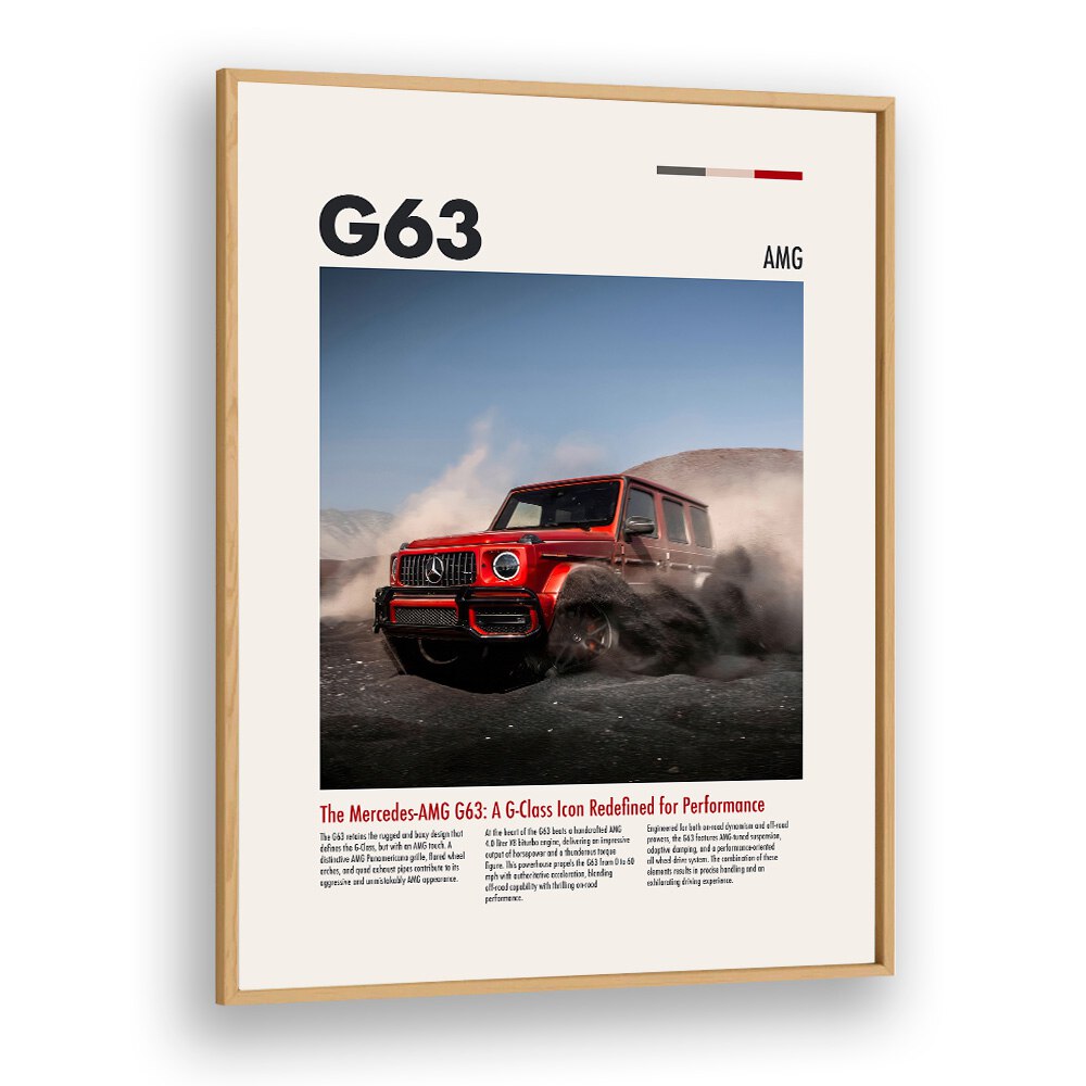 Mercedes G63 AMG Car Posters Automotive Wall Art Prints in Oak Wood Plain Frame