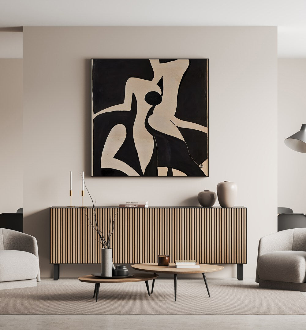 Merge Abstract Art Abstract Paintings in Black Plain Frame placed on a Cream Colored Wall above a Console Table in the Living Room