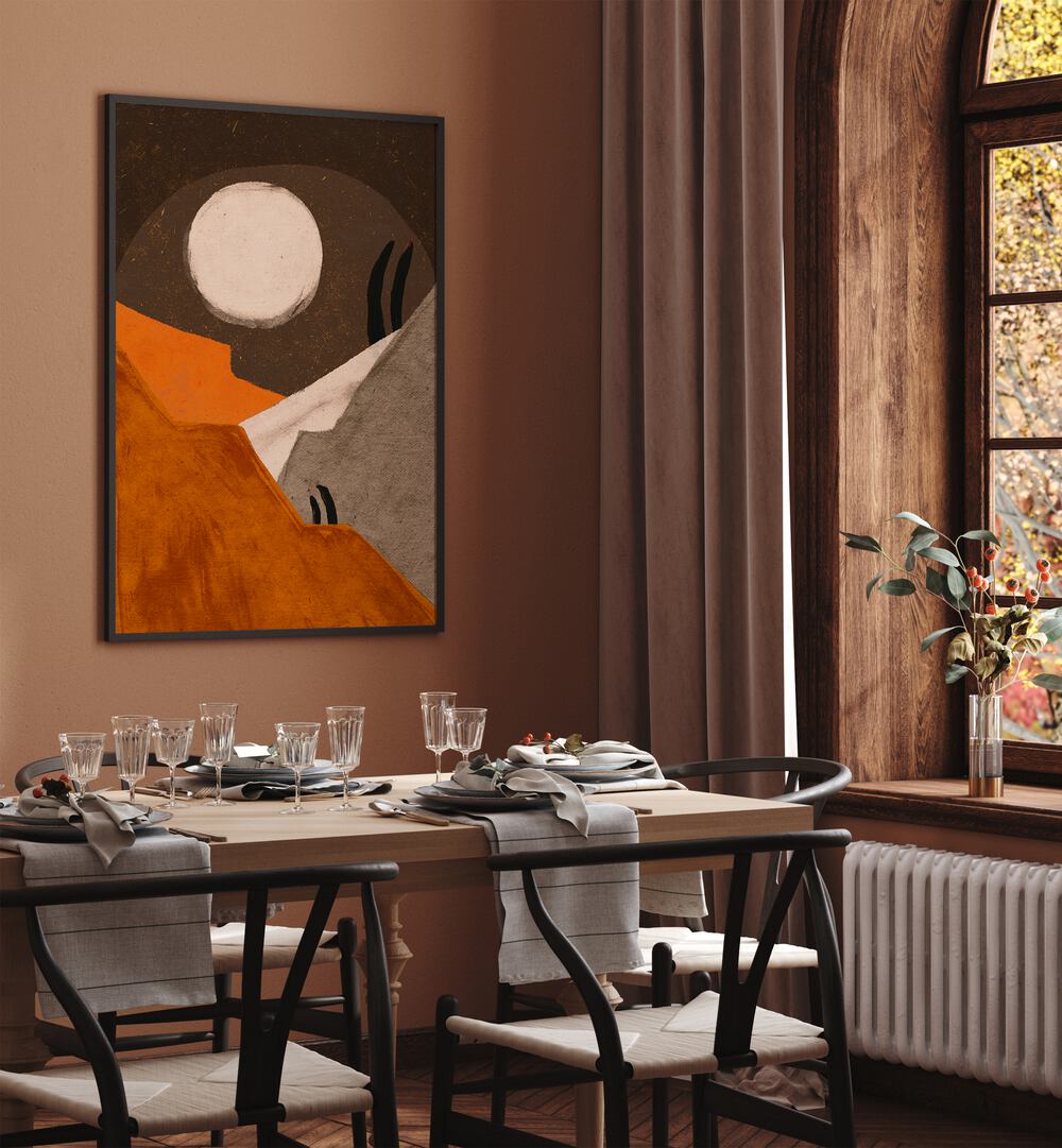 Mexico At Night By Treechild Landscape Art Prints in Black Plain Frame placed on a Brown 
Colored Wall near a Dining Table in the Dining Room