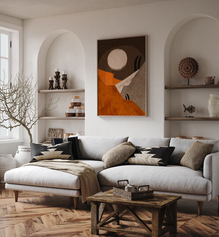 Mexico At Night By Treechild Landscape Art Prints in Oak Wood Plain Frame placed on a White Colored Wall near a White Sofa in the Living Room