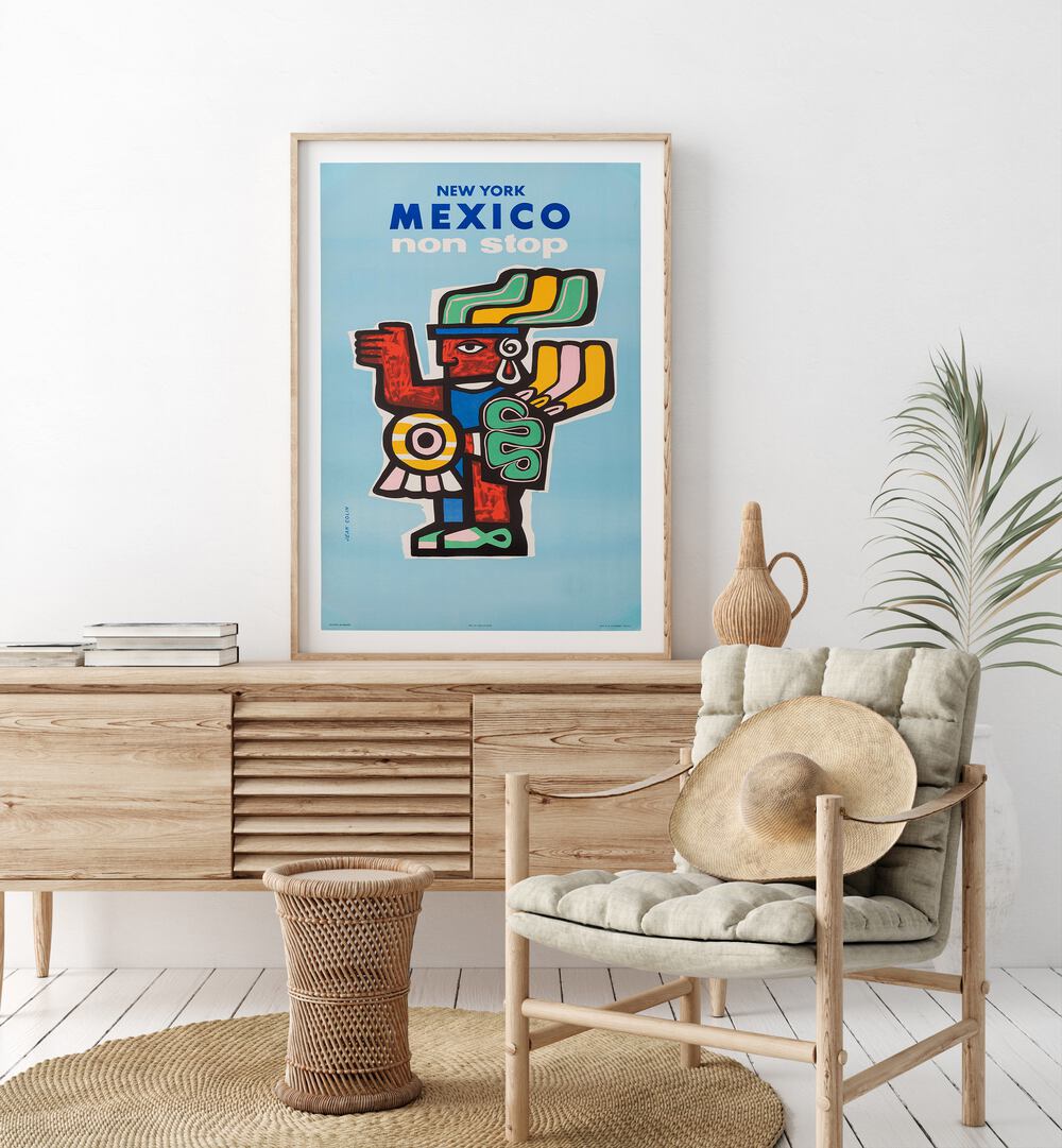 Mexico II Retro Vintage Travel Vintage Travel Posters in Oak Wood Frame With Mount on a console table beside a plant