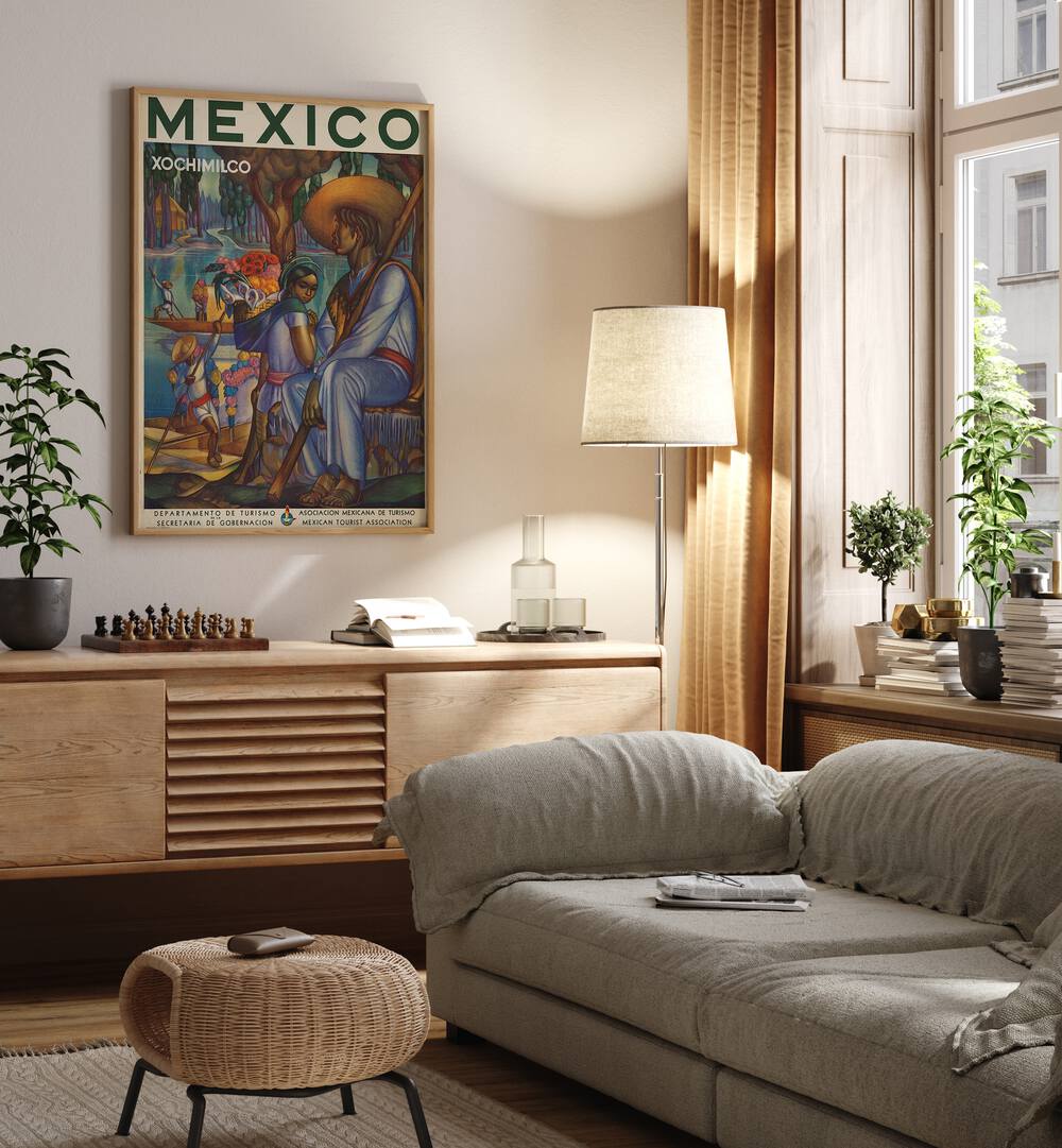 Mexico Retro Vintage Travel Vintage Travel Posters in Oak Wood Plain Frame on a wall above a console table beside a lamp