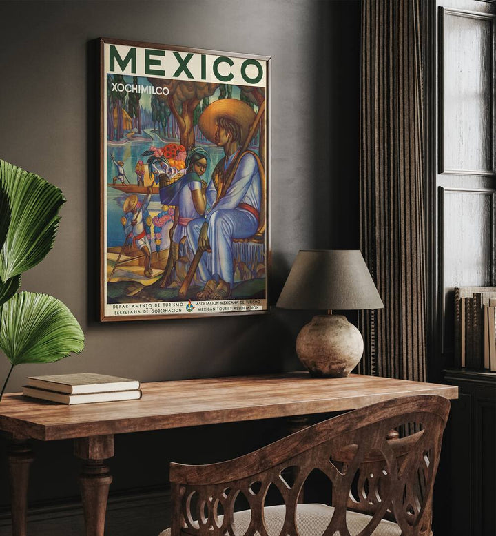 Mexico Retro Vintage Travel Vintage Travel Posters in Dark Wood Plain Frame on a wall above a study table beside a lamp