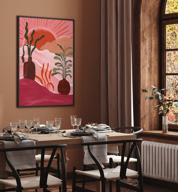 Mexico Vibes I By Treechild Wall Art Prints in Black Plain Frame placed on a Brown Colored Wall near a Dining Table in the Dining Room