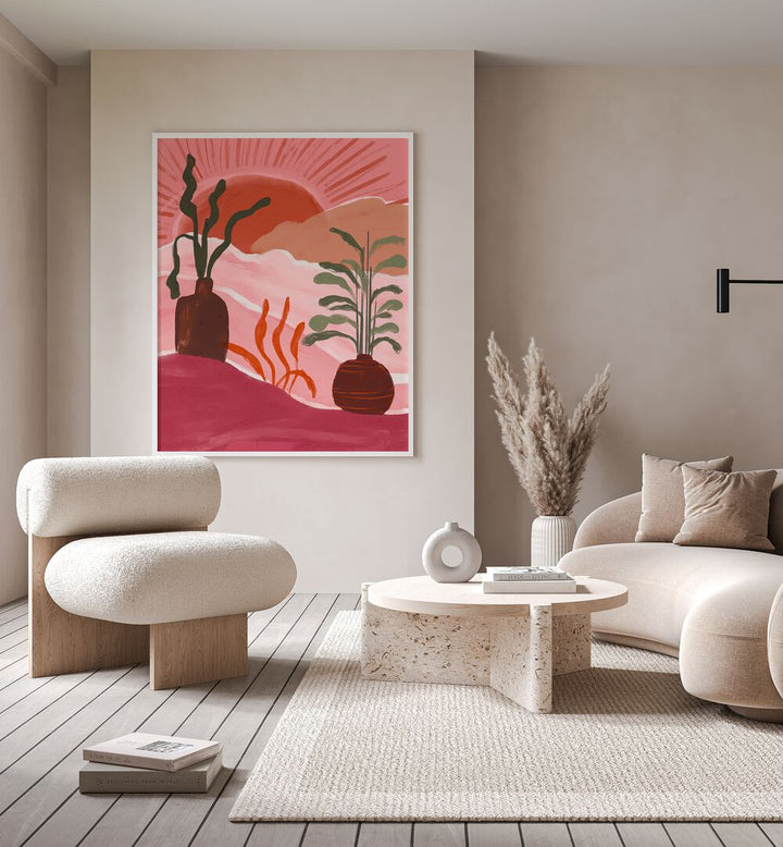 Mexico Vibes I By Treechild Wall Art Prints in White Plain Frame placed on a Beige Colored Wall in the Drawing Room