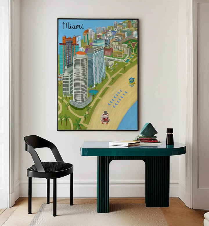 Miami Beach by Carla Daly Travel Posters in Black Plain Frame placed on a wall behind a study table