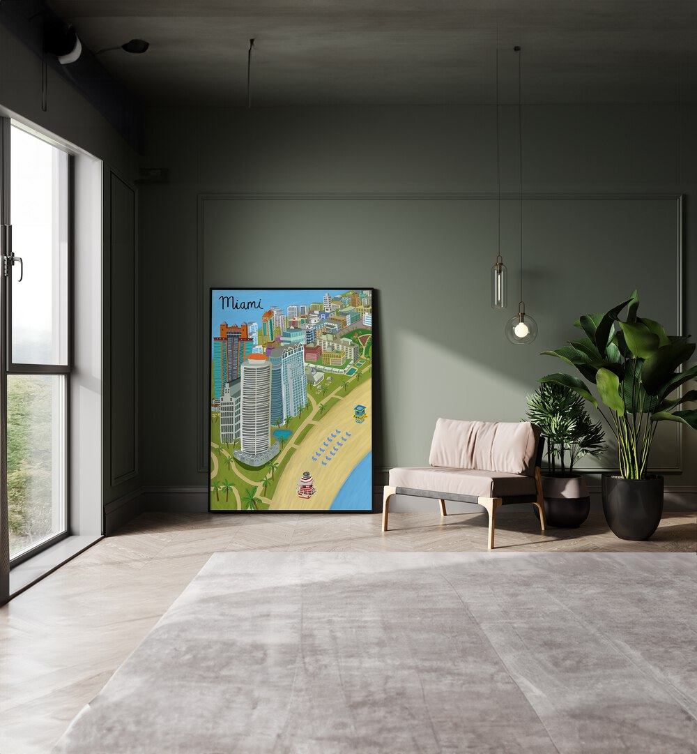 Miami Beach by Carla Daly Travel Posters in Black Plain Frame placed on a floor between a sofa and a window