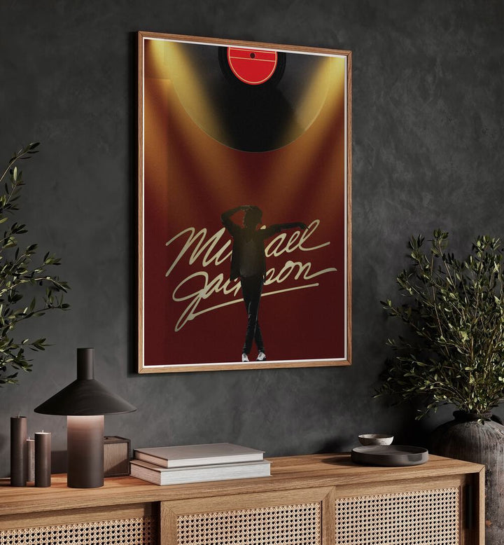 Michael Jackson By Grishma Korjani Movie & Music Posters in Oak Wood Plain Frame placed on a Dark Grey Colored Wall  above a Console Table in the Drawing Room